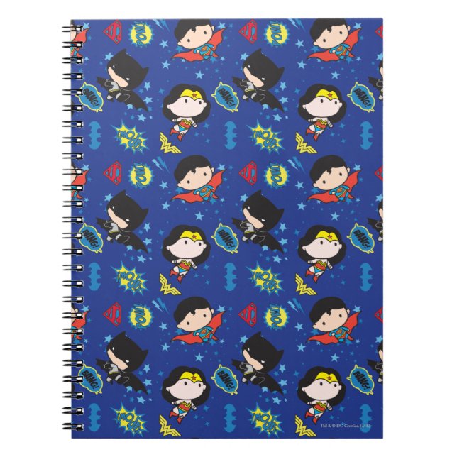 Caderno Espiral Chibi Wonder Woman, Super-Homem e Padrão de Batman (Frente)