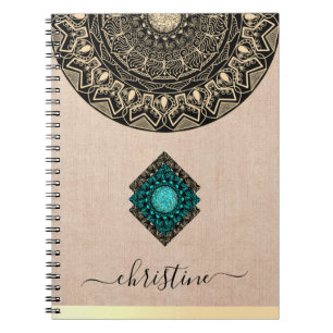 Caderno Espiral Chic black gold boho mandala beige burlap macio
