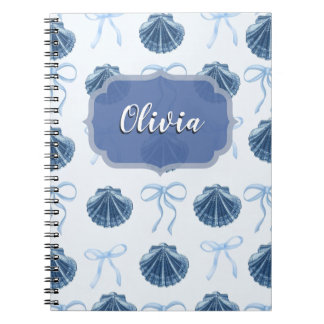 Caderno Espiral Chic Blue Coastal Shells and Bows Personalized