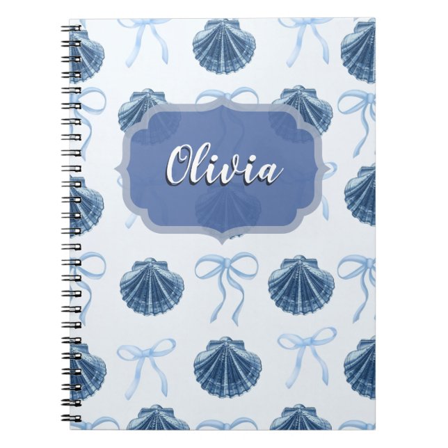 Caderno Espiral Chic Blue Coastal Shells and Bows Personalized (Frente)