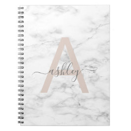 Caderno Espiral Chic Blush White Marble Script Name Monogramo
