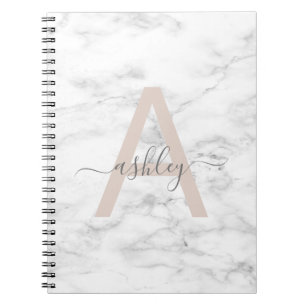 Caderno Espiral Chic Blush White Marble Script Name Monogramo