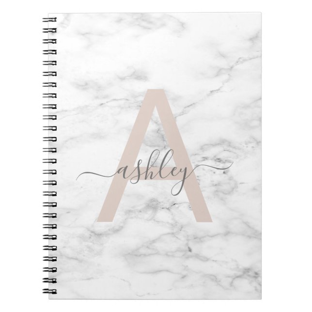Caderno Espiral Chic Blush White Marble Script Name Monogramo (Frente)