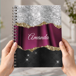 Caderno Espiral Chic brilho prateado falso Monograma preto fúcsia