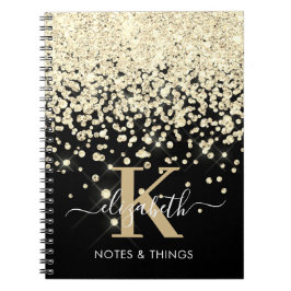Caderno Espiral Chic Glitter Diamante Monograma Dourado Preto
