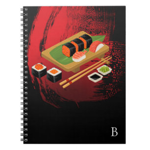 Caderno Espiral Chic Moderno Elegante Sushi Preto e Vermelho