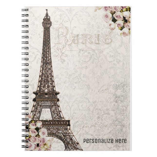 Caderno Espiral Chic Paris Torre Eiffel & Rosas Personalizado Eleg (Frente)