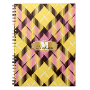 Caderno Espiral Chic Pink Yellow Tartan Dourado Monograma Nome do