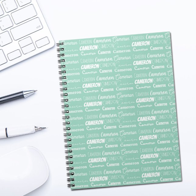 Caderno Espiral Chic Seafoam Green Personalized Name Collage (Criador carregado)