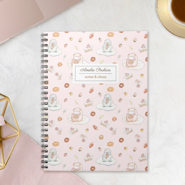 Caderno Espiral Chic Sheep & Penguin Desserts Pattert Pink name (Criador carregado)