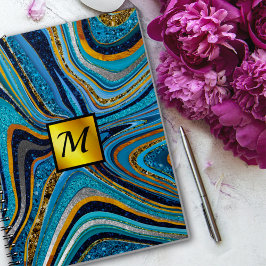 Caderno Espiral Chic Sparkle Glitter marble art blue gold monogram