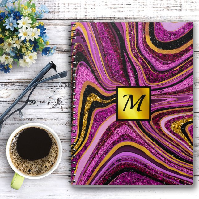 Caderno Espiral Chic Sparkle Glitter marble art pink gold monogram (Criador carregado)
