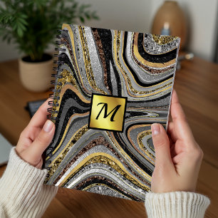 Caderno Espiral Chic Sparkle Glitter marble cinza monograma