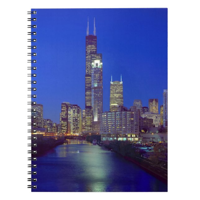 Caderno Espiral Chicago, Illinois, Skyline à noite com Chicago (Frente)
