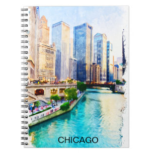 Caderno Espiral Chicago Illinois Watercolor City View