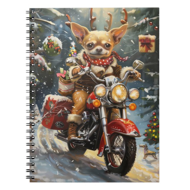 Caderno Espiral Chihuahua Dog Andando Moto Natal (Frente)