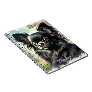 Caderno Espiral Chihuahua Preto de Cabelo Longo em Aquarela