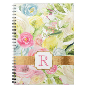 Caderno Espiral Chique Bonito de Rosas de Aquarela Rosa Monograma