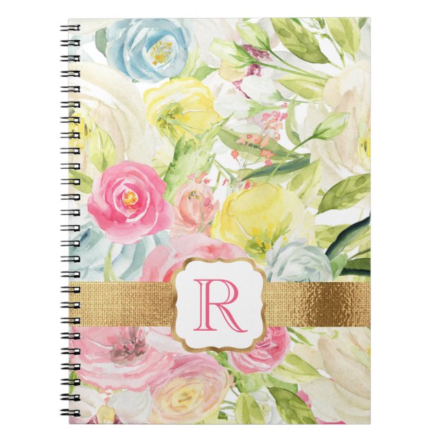 Caderno Espiral Chique Bonito de Rosas de Aquarela Rosa Monograma (Frente)