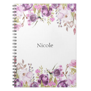 Caderno Espiral Chique floral da aguarela roxa do Lilac da lavanda