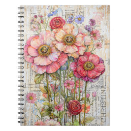 Caderno Espiral Chique Floral Ephemera Pink Red Flowers S7L