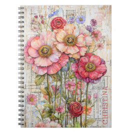 Caderno Espiral Chique Floral Rosa Púrpura Coral Flor S7L