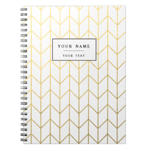 Caderno Espiral Chique moderno do fundo branco Dourado de Chevron