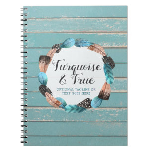 Caderno Espiral Chique rústico de Boho da madeira de turquesa & d