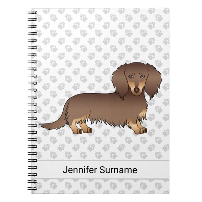 Caderno Espiral Chocolate & Marrom Claro Dachshund de Cabelo Longo (Frente)