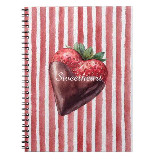 Caderno Espiral Chocolate Morango Listras Brancas Vermelhas Querid (Frente)