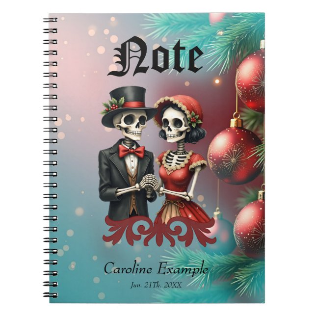 Caderno Espiral Christmas Bone Romance, A festive skeleton couple. (Frente)