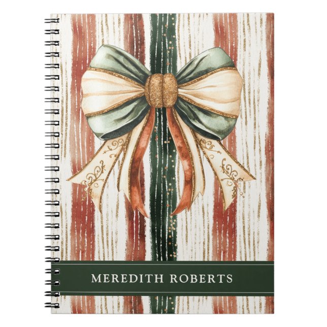Caderno Espiral Christmas Bow Rustic Stripes Personalized (Frente)