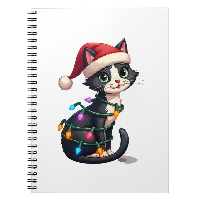 Caderno Espiral Christmas Cat Tuxedo black cat xmas lights kitty c (Frente)