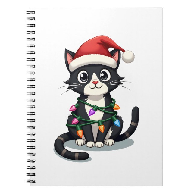 Caderno Espiral Christmas Cat Tuxedo black cat xmas lights kitty c (Frente)