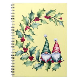 Caderno Espiral Christmas Watercolor Gnomes Sitting On Holly Twig
