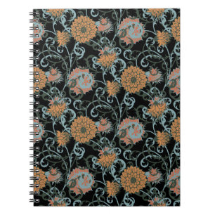 Caderno Espiral Chrysanthemum Black Background, Floral Vintage.
