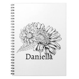 Caderno Espiral Chrysanthemum Black Line Drawing with Your Name 