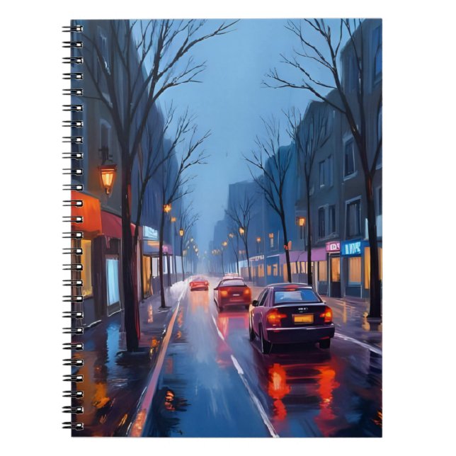 Caderno Espiral Chuva em Boston | Rua do Centro da Cidade Massachu (Frente)