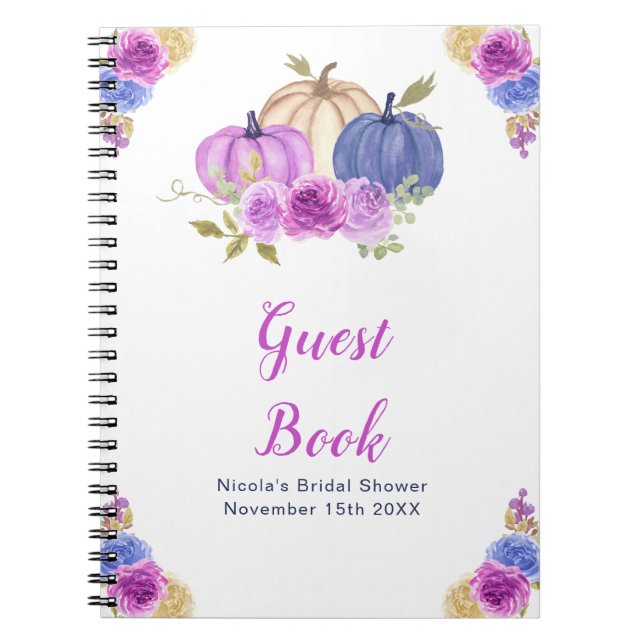 Caderno Espiral Chuveiro de Noiva com Abóboras Florais Roxas e Azu (Frente)