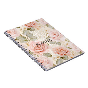 Caderno Espiral Chuveiro de Noiva Floral Rosas Rosa Bege Creme