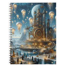 Caderno Espiral Cidade Antiga Futurística Steampunk com medusa