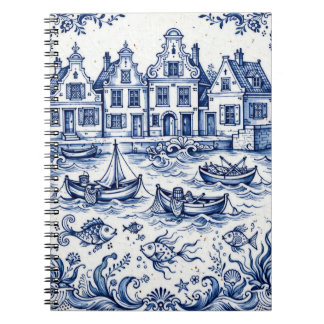 Caderno Espiral Cidade de Delft e Porto de Pesca Azul Cobalto Bran