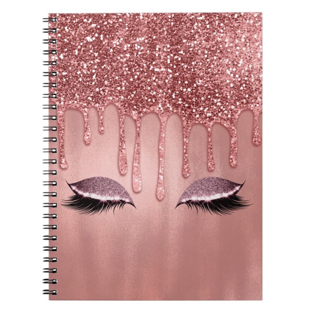 Caderno Espiral Cílios com Brilho em Dourado Rosa com Gotas Rosada (Frente)