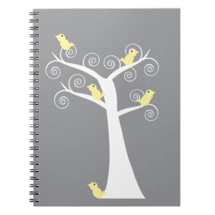 Caderno Espiral Cinco aves amarelas em um notebook de árvore