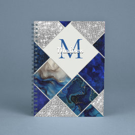 Caderno Espiral Cintura fina Glitter azul-prateado geométrico