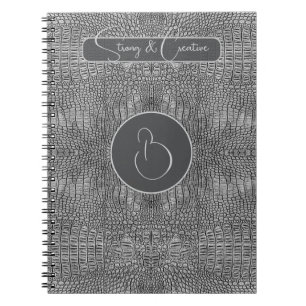 Caderno Espiral Cinza Alligator Couro Escala Réptil Monograma