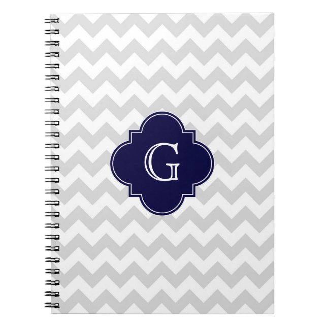 Caderno Espiral Cinza Claro Marinho Quatrefoil Branco (Frente)