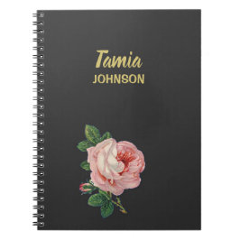 Caderno Espiral Cinza de nome personalizado de flor rosa
