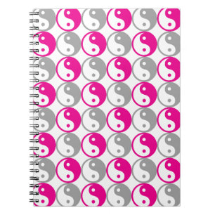Caderno Espiral Cinza e padrão yin yang rosa