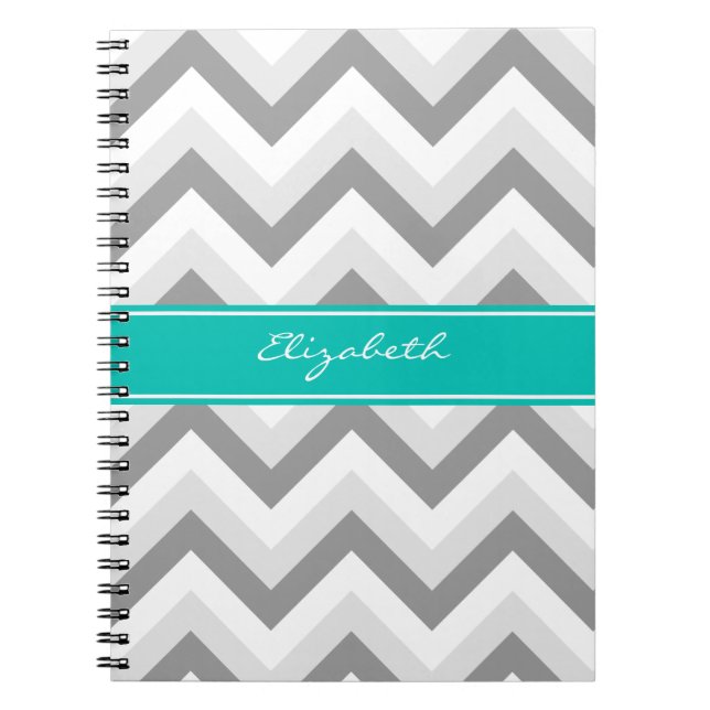 Caderno Espiral Cinza Lt Cinza Branca Chevron Nome Teal Monograma (Frente)